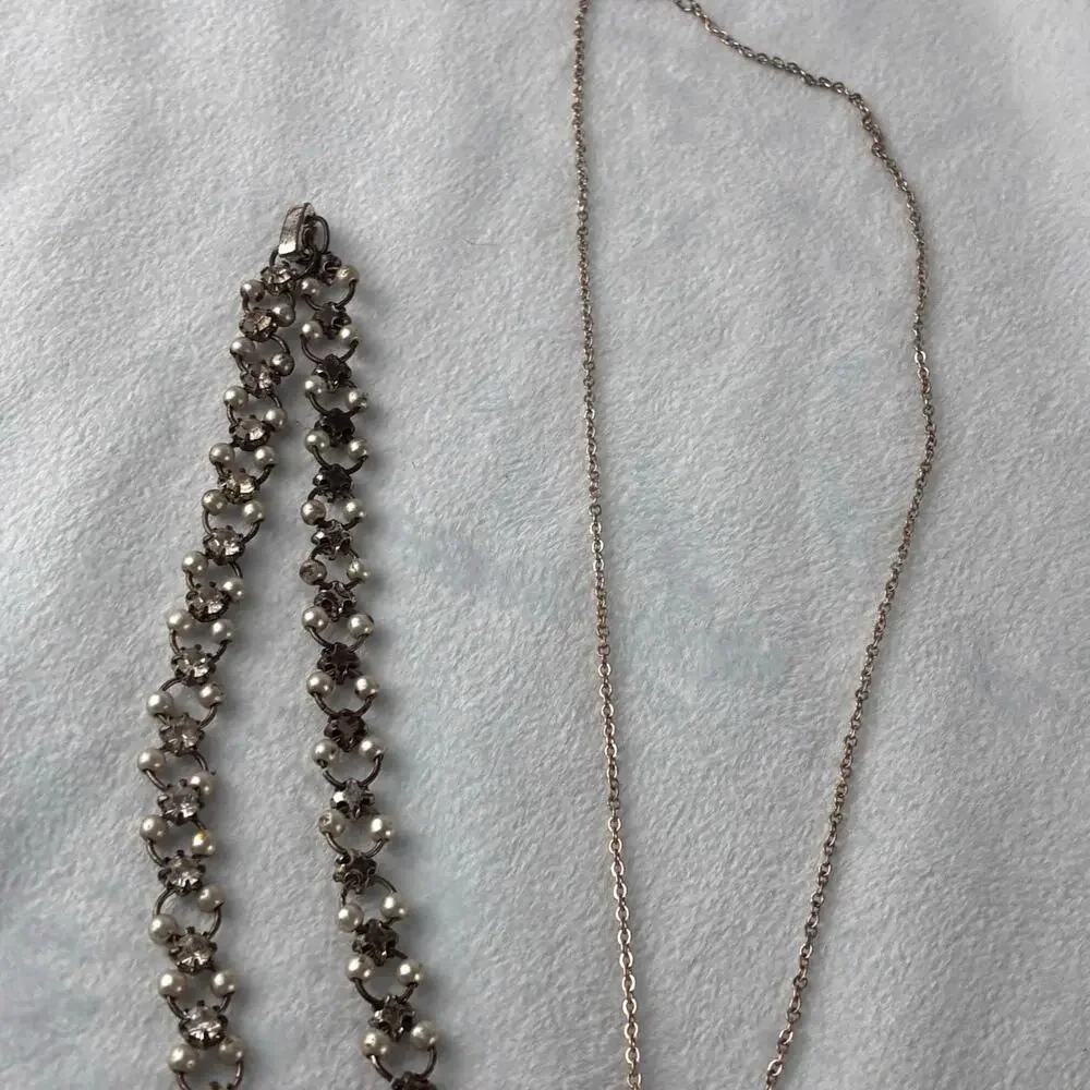 Lot Of 2 Vintage Style Pearl Rhinestone & Gold Tone Pendant Choker Y2K Necklaces